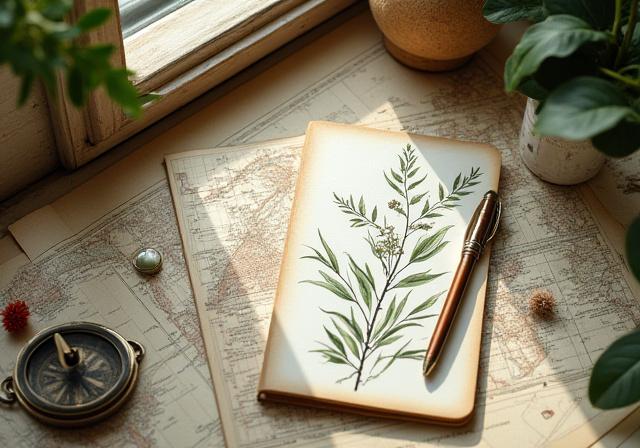 Articoli di cancelleria con stampe botaniche e mappe antiche.