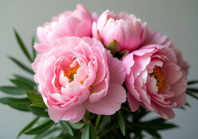 Un bouquet lussureggiante di peonie e verde.